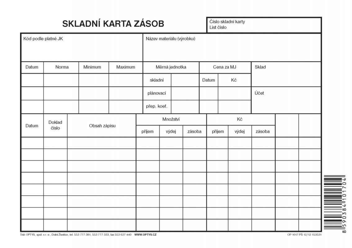 skladní karta zásob A5 / 1017